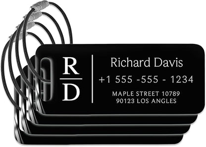 Personalized Luggage Tags for Suitcases 4 Pack - Stainless Steel Custom Luggage Tags for Backpacks & Bags, Sturdy, Waterproof & Heavy Duty (Black / 3" x 1.25")