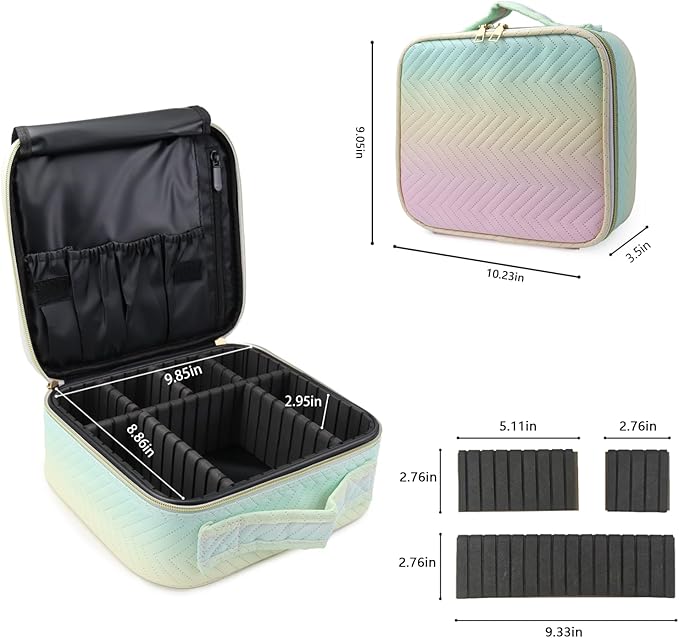 Travel Makeup Case 5 Layers Portable Makeup Train Case Cosmetic Bag Organizer Storage for Women with Adjustable Dividers and Shoulder Strap for Toiletry Travel Accessories(gradient green)