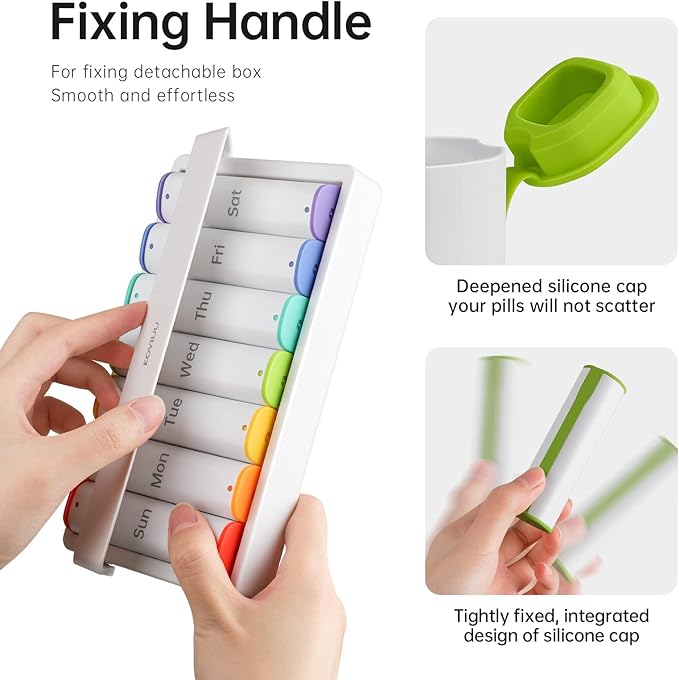 Weekly Pill Organizer 2 Times a Day, KOVIUU Large Travel Pill Box 7 Day, Am Pm Twice Daily Pill Case with Rotatable Handle, Pill Holder Container for Vitamin, Medicine, Supplement, Fish Oil, White