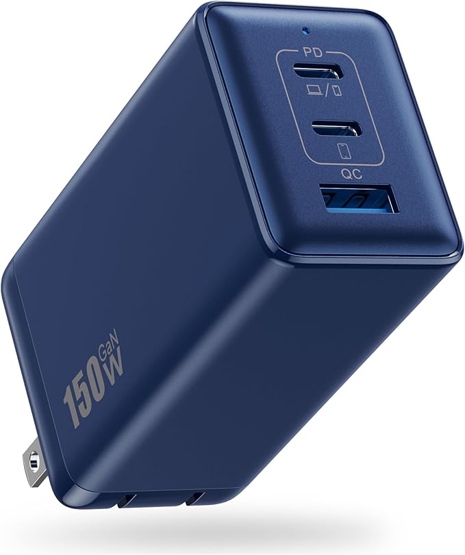 150W USB C Charger Block,GaN III Compact Foldable Wall Charger 3 Port Fast Charging Station,PD QC PPS Portable USB C Hub 100W Laptop Adapter for MacBook Pro/Air,iPad,iPhone 17/Pro,Galaxy S24,Dell etc