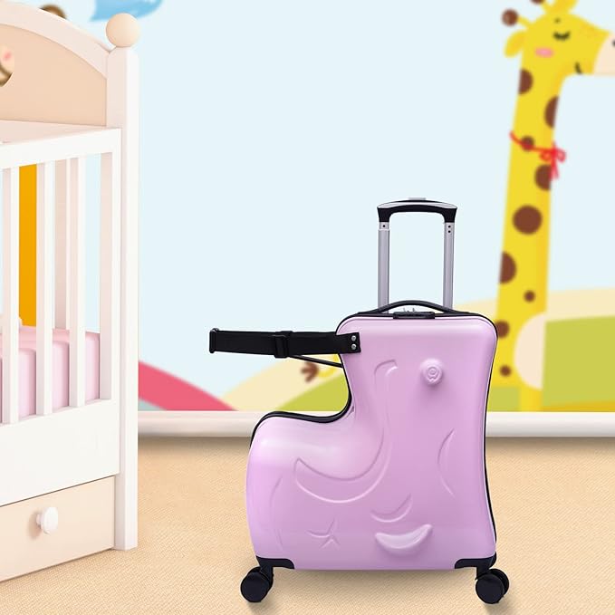 20 Inch Kids Ride-On Suitcase, Horse-Shaped Children's Travel Luggage with 4 TPE Wheels & Password Lock, 66lbs Capacity Carry-On Trolley for Ages 3-6 (Pink)