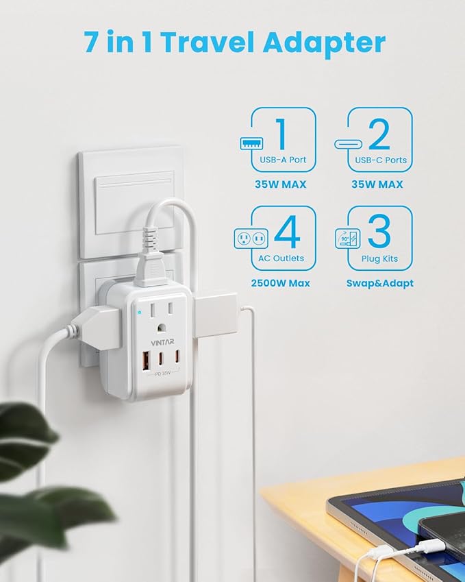 European Travel Plug Adapter Kit, VINTAR PD 35W International Power Adapter with 3 USB Ports (2 USB C) and 4 AC Outlets, Type C,G,E/F Detachable Attachments, Adapters for Europe and UK France Italy