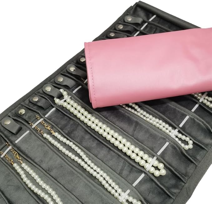 Portable Jewelry Roll Untangled Secure Necklace Travel Storage Bag Displays Holder 16 Chain (Pink PU and gray velvet)