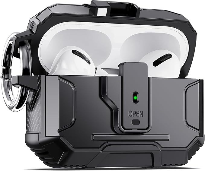 DASFOND Armor Earphone Cover Case for Airpods Pro 2, Military Grade Full Body Shockproof Protection Hard Case, Support Wireless Charging with Keychain, Magnetic Lid, Front LED Visible, Black
