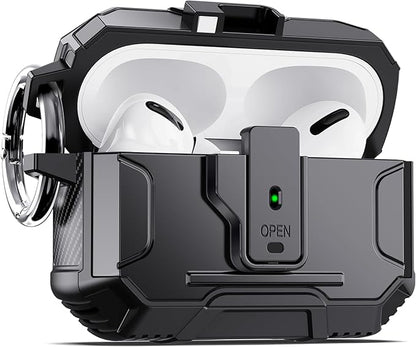 DASFOND Armor Earphone Cover Case for Airpods Pro 2, Military Grade Full Body Shockproof Protection Hard Case, Support Wireless Charging with Keychain, Magnetic Lid, Front LED Visible, Black