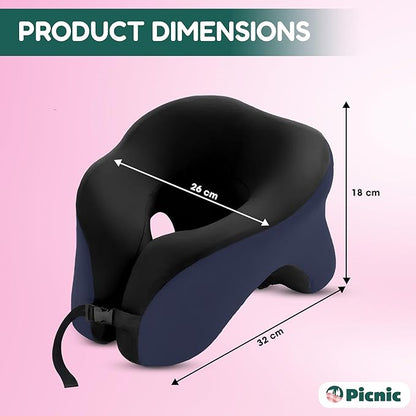 Picnic Neck Pillow for Traveling | 100% Pure Memory Foam Travel Pillow for Airplanes, Car & Office | Ergonomic Support with Adjustable Clasp, Eye Mask & Compact Travel Bag | Perfect for Relaxation