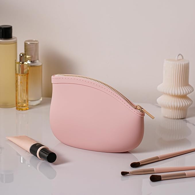 Small Silicone Makeup Bag Premium Purse Bag Multifunctional Essential Bag Zipper Pouch Water and Heat Resistant (Pink)