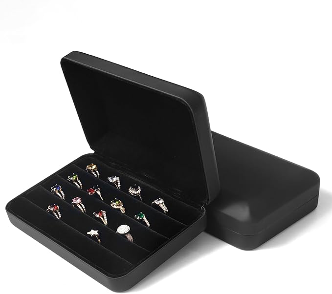 Jewelry Ring organizer Box, Portable Small Storage Display Case, Fashion Jewelry Tray Holder Showcase, Ring Boxes for Multiple Rings Fits for Travel or Home Organizers (Black Big)