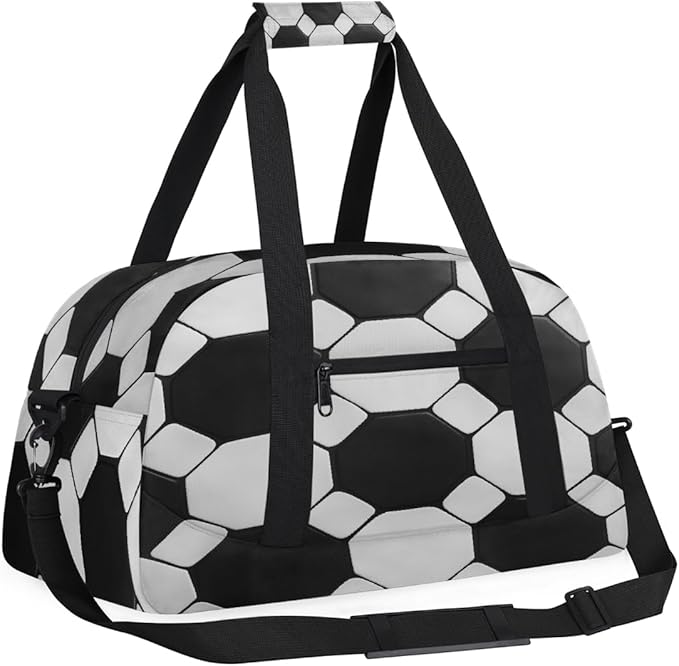 Kids Duffle Bag Girls Boys Black White Soccer Ball Sports Texture Weekender Overnight Bag,Lightweight Duffel Bags for Traveling Gym Sport Dance