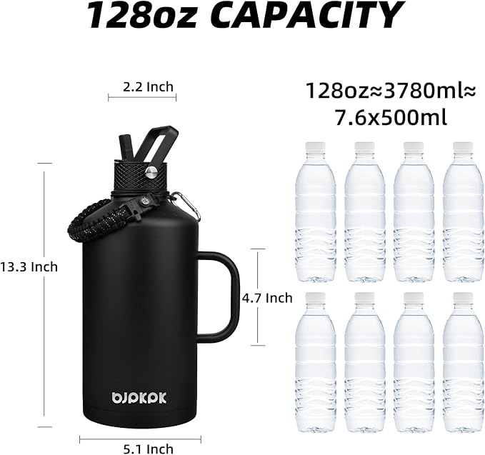BJPKPK 1 Gallon Water Bottle Insulated with Straw Lid, 50oz, 64oz, 87oz, 128oz Large, Stainless Steel Water Bottles with 3 Lids and Paracord Strap, Double Wall Vacuum Metal Water Jug,Black
