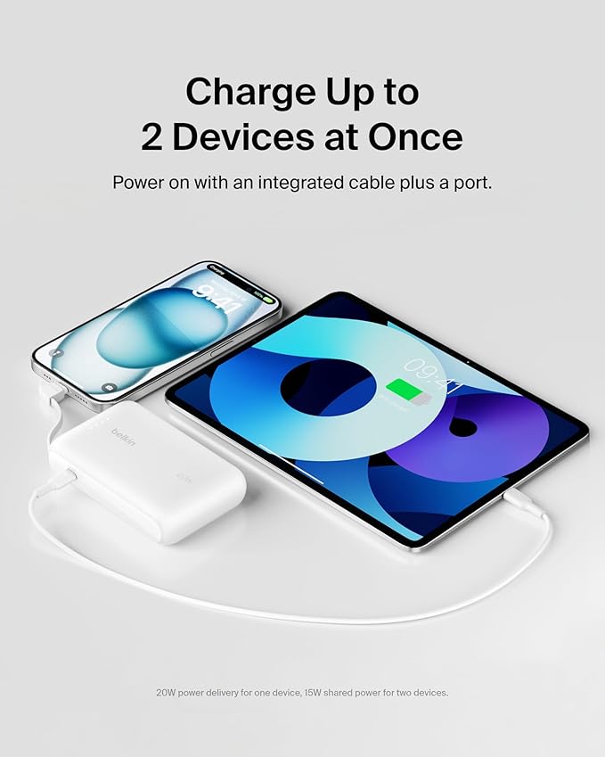 Belkin Portable Charger, Power Bank with Integrated Cable 10000 mAh 20W - Fast Charge USB C Power Delivery - iPhone 17, Air, Pro, Pro Max, iPad, AirPods, Apple Watch, Galaxy S25, & More - White