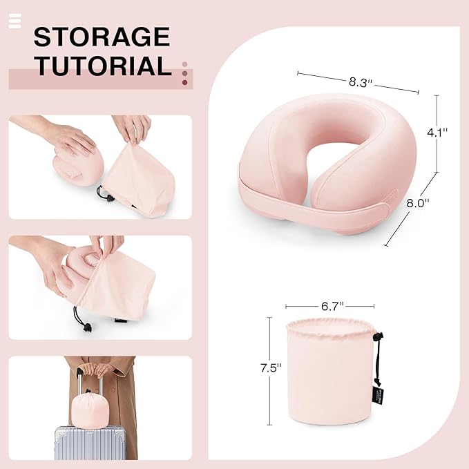 Car Pillow for Little Kids Travel Neck Pillows, Memory Foam Neck Support Travelling Pillow with Washable Cotton Pillowcases and Storage Bag, for Airplane, Train, Flight and Home Use Pink