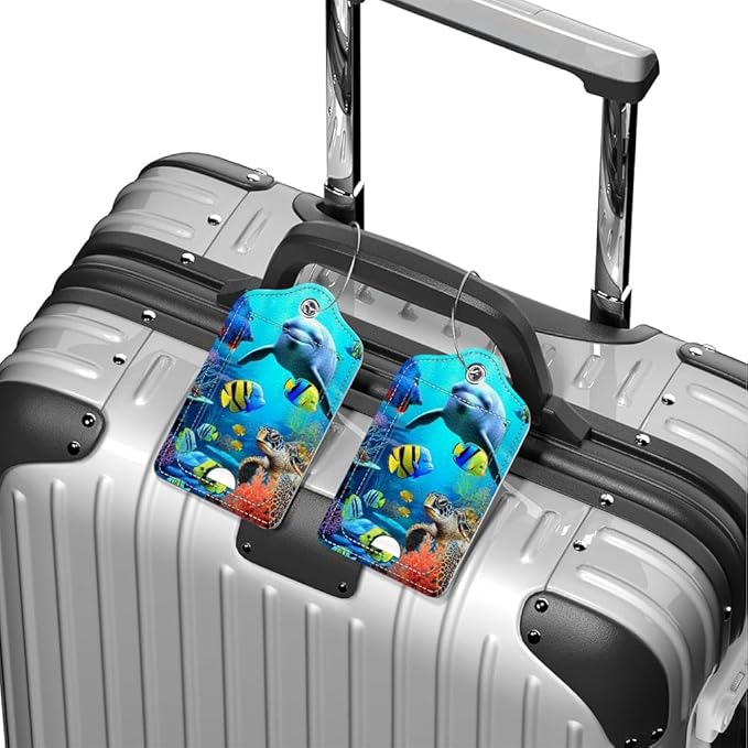 Funny PU Leather Luggage Tags 2-Pack Ocean Dolphin Sea Fish Coral Cute Pattern Suitable for Suitcase Stainless Steel Loop and Address Card Essential for Cruise and Airport Travel for Men and Women