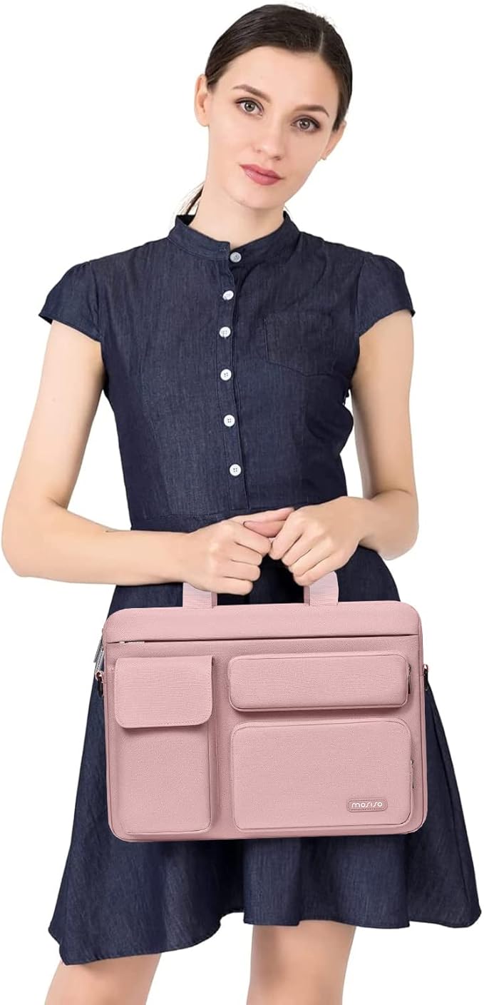 MOSISO Laptop Shoulder Bag 15.6 inch, 15-15.6 inch Computer Bag Compatible with MacBook Pro 16 inch, HP, Dell, Lenovo, Notebook with 2 Raised&1 Flapover&1 Horizontal Pocket&Handle&Belt, Pink