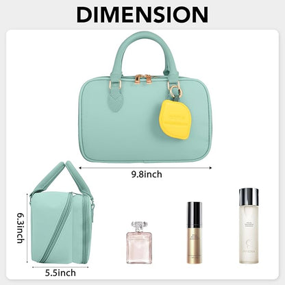 Travel Makeup Bag for Women Fashion Large Capacity Pouch Open Flat Cosmetic Portable Organizer Waterproof Large Opening Storage Toiletry Bags Vertical Free-Standing Brush Holder for Easy Access Blue