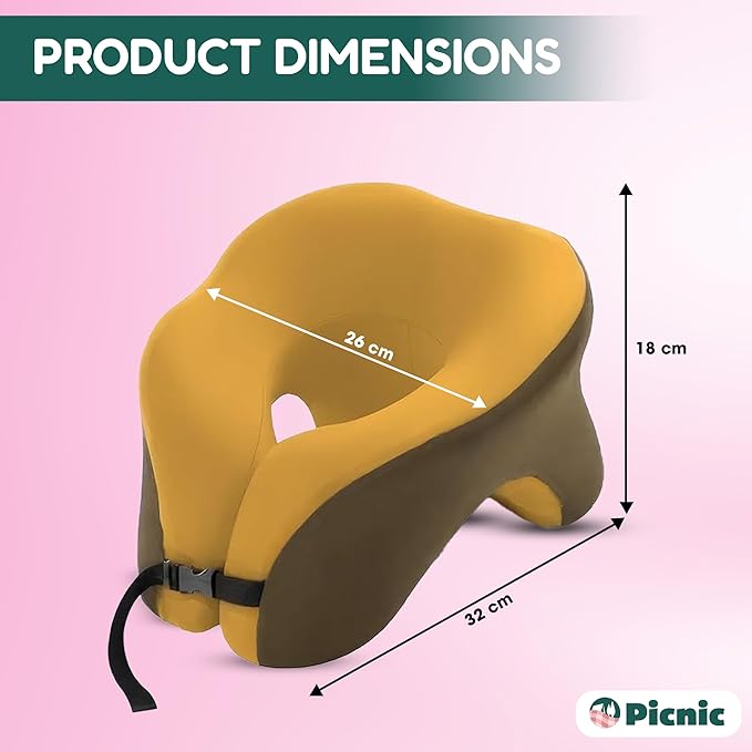 Picnic Neck Pillow for Traveling | 100% Pure Memory Foam Travel Pillow for Airplanes, Car & Office | Ergonomic Support with Adjustable Clasp, Eye Mask & Compact Travel Bag | Perfect for Relaxation