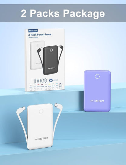 10000mAh Compatible with iPhone 15/16/17 and Android, Slim Portable Charger with Built in Cable, Power Bank Travel Charger External Battery Pack for Phone, 3 Output USB Type C, 2 Pack White & Purple