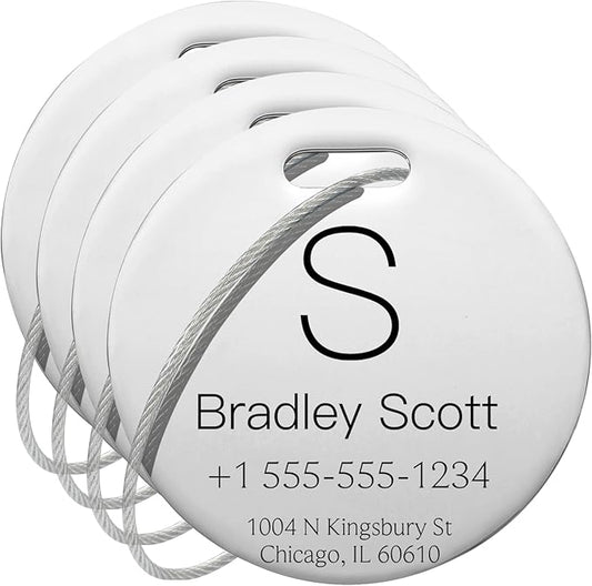 Stainless Luggage Tags for Suitcases 4 Pack: Metal Personalized Luggage Tags for Backpacks & Bags with Customizable Texts (Silver)