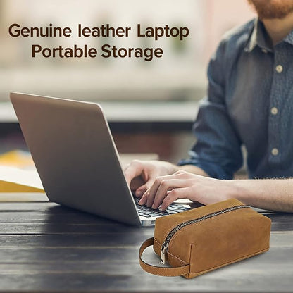Electronic Organizer Zipper Bag, Top Grain Leather, Handmade Vintage Design, Portable Travel Electronic Accessories Storage Cases for Phone, USB Cables, Chargers, Hard Drive, Daily Cosmetics