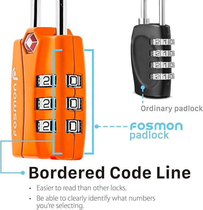 Fosmon TSA Accepted Luggage Locks (Orange - 4 Packs), Open Alert Indicator 3 Digit Combination Padlock Codes for Travel Bag, Suit Case, Lockers