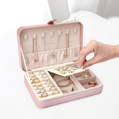 LANDICI Small Jewelry Box for Women Girls, PU Leather Travel Jewelry Case, Portable Jewelry Organizer Storage Holder Display for Ring Earrings Necklace Bracelet Women Kids Gift, Rose Gold