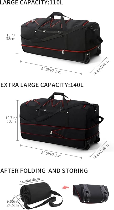 32" Soft-Sided Foldable Wheeled Travel Duffel Bag,Expandable 110L to 140L Rolling Cargo Bag with 2 Wheels and Multiple Pockets1 (Black Red)