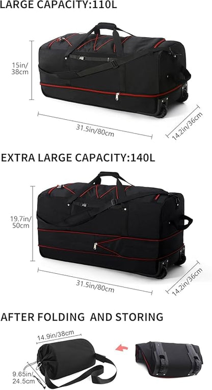 32" Soft-Sided Foldable Wheeled Travel Duffel Bag,Expandable 110L to 140L Rolling Cargo Bag with 2 Wheels and Multiple Pockets1 (Black Red)