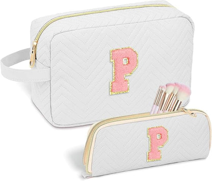 Personalized Initial Makeup Bag Trendy Stuff Leather Waterproof Cosmetic Bag Travel Toiletry Bag, Christmas/Thanksgiving/Halloween Gifts Makeup Organizer Case for Women Girls Mom Girlfriend Wife