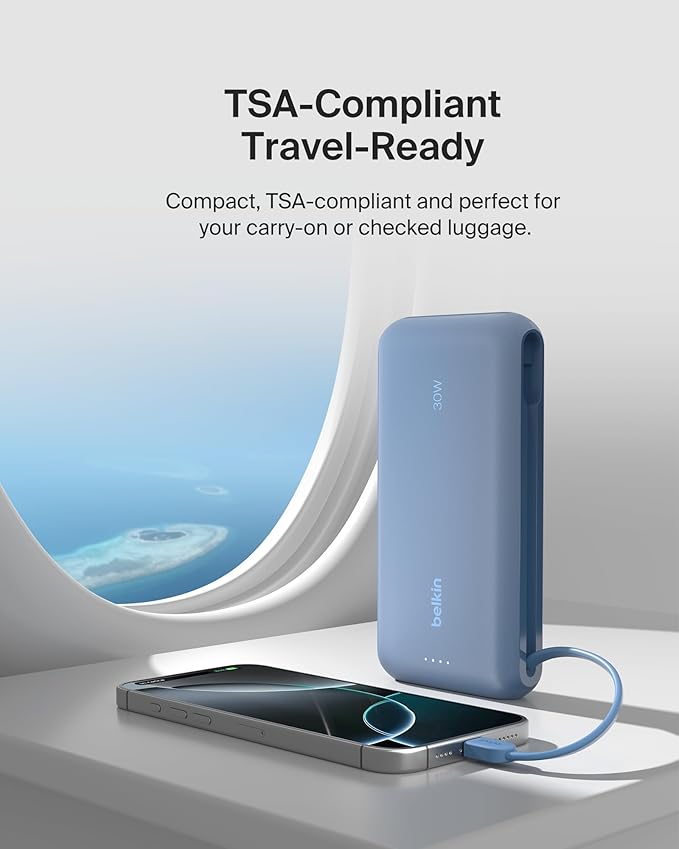 Belkin Portable Charger, Power Bank with Integrated Cable 20000 mAh 30W - Fast Charging USB C Power Delivery - iPhone 17, Air, Pro, Pro Max, iPad, AirPods, Apple Watch, Galaxy S25, & More - Blue