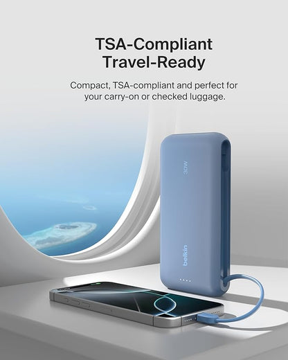Belkin Portable Charger, Power Bank with Integrated Cable 20000 mAh 30W - Fast Charging USB C Power Delivery - iPhone 17, Air, Pro, Pro Max, iPad, AirPods, Apple Watch, Galaxy S25, & More - Blue