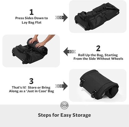 STOVER 100L U-Zip Rolling Duffel Bag with Wheels, X-Large Durable Travel Duffle + Toiletry Bag, Heavy Duty, Lay-Flat Opening, Packable w/Shoulder Straps- Use as Luggage or Backpack, Men/Women (Black)