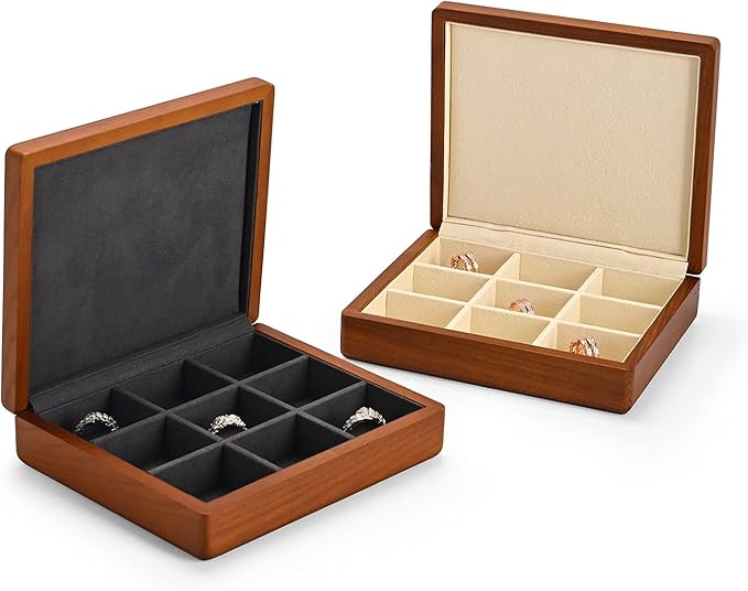 Oirlv Solid Wood Ring Jewelry Box Organizer Earrings Jewelry Drawer Organizer Tray with Lid (Grey 9 Grid Box)