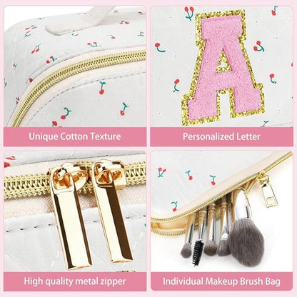 Personalized Travel Makeup Bag Set,Initial Travel Cute Cherry Makeup Organizer Bag,Toiletry Skincare Cosmetic Bag,Christmas Gifts for Women/Girls,Open Flat Toiletry Pouch with Brush Pocket-S