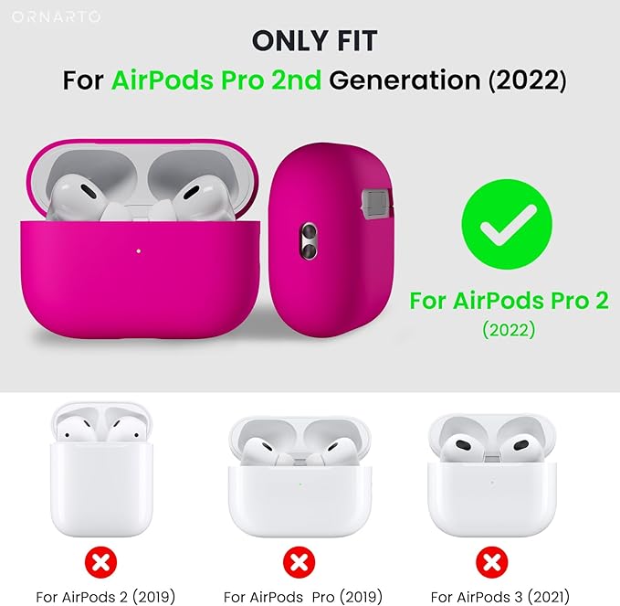 ORNARTO Compatible with AirPods Pro 2 Case 2022, Full Protective Hybrid Silicone for AirPods Pro 2nd Generation Case, Front LED Visible Skin Cover-Hot Pink