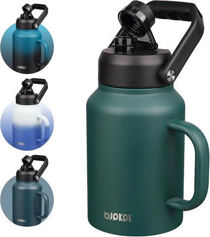 BJPKPK 64oz Insulated Water Bottle with Handle, Large Dishwasher Safe Half Gallon Water Bottle, BPA Free Water Jug, Wide Mouth Metal Flasks with Anti-slip Bottom, Keep Cold & Hot, Army Green