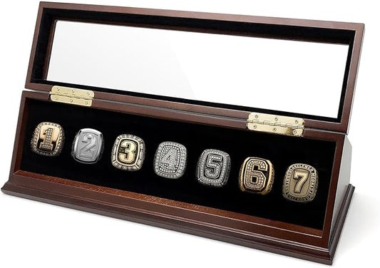 CHEZ MONETT Championship Ring Display Case Big Ring Storage Box (Espresso, 7 Slots)