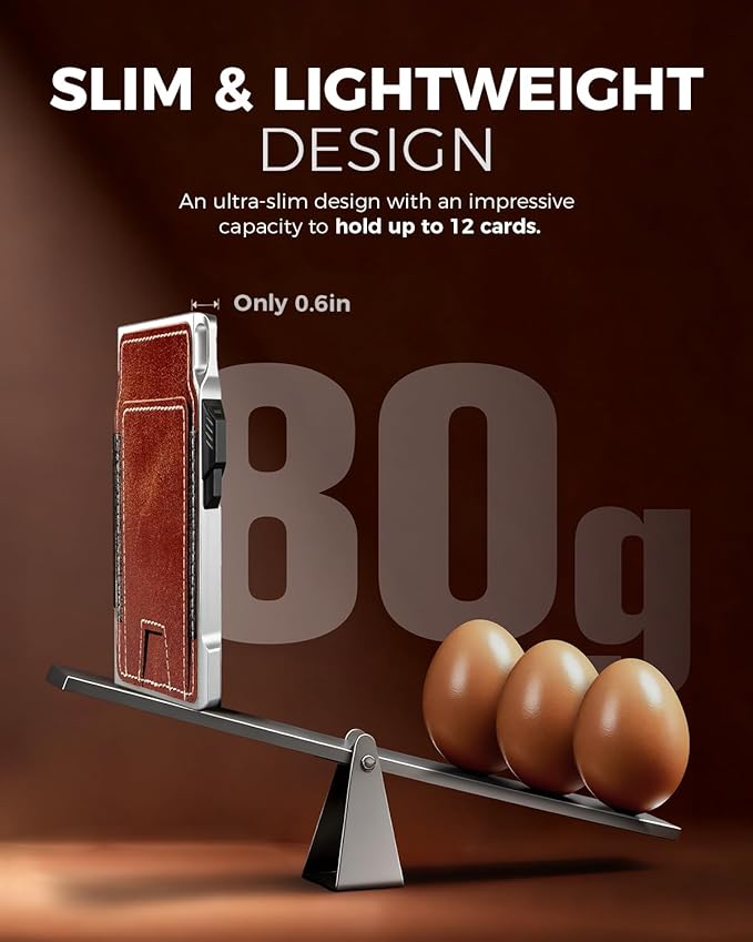 LORZOR Slim Tactical Wallet for Men- Minimalist Full Grain Leather Wallet for 12 Cards, RFID Blocking Aluminum Cardholder, Smart Pop Up Card Case, Front Pocket, Money Clip, Gift for Men(VintageBrown)