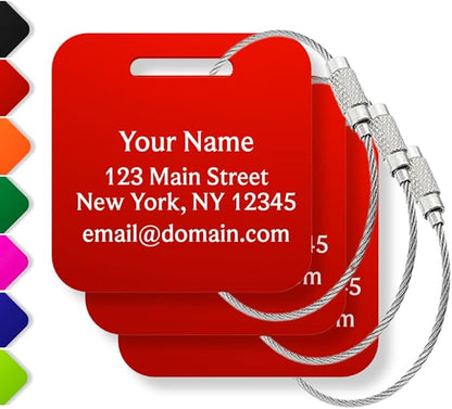 Custom Luggage Tags (3 or 6 Pack) - Personalized Unique Suitcase & Backpack Travel, Durable, Waterproof & Heavy Duty (Red)