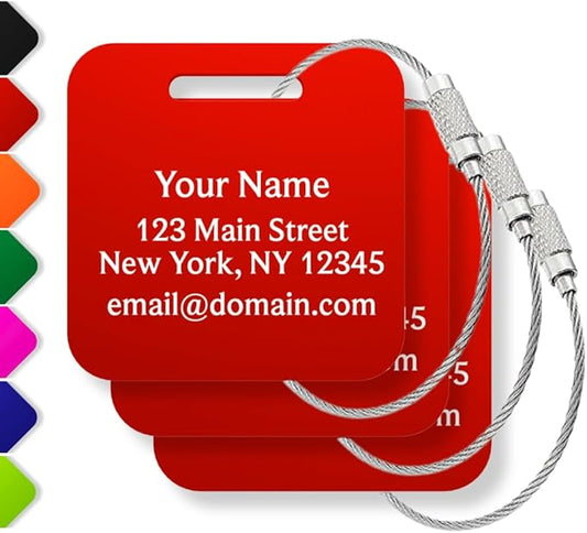 Custom Luggage Tags (3 or 6 Pack) - Personalized Unique Suitcase & Backpack Travel, Durable, Waterproof & Heavy Duty (Red)
