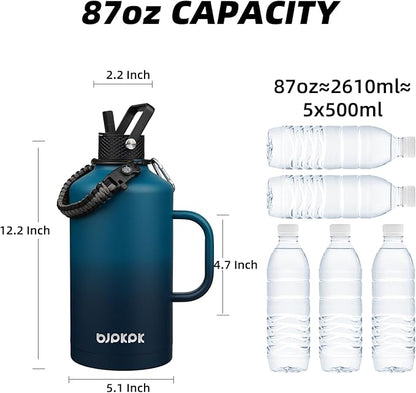 BJPKPK 2/3 Gallon Water Bottle Insulated with Straw Lid, 50oz, 64oz, 87oz, 128oz Large, Stainless Steel Water Bottles with 3 Lids and Paracord Strap, Double Wall Vacuum Metal Water Jug,Vast