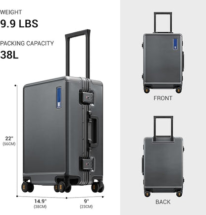 LEVEL8 Zipperless Carry On Luggage Airline Approved with Aluminum Frame, Hard Shell Suitcase with Spinner Wheels, Metal Checked Luggage with Double Tsa Locks, 20 Inch, Grey