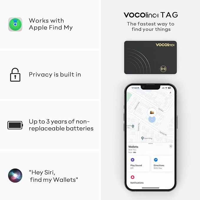 [Apple MFi Certified] VOCOlinc Air Tag Card Wallet Tracker Ultra-Thin 1.6mm, Smart Item Finder Work with Apple Find My APP (iOS Only, Android not Supported), Locator for Luggage Suitcase, Bag. 1 Pack