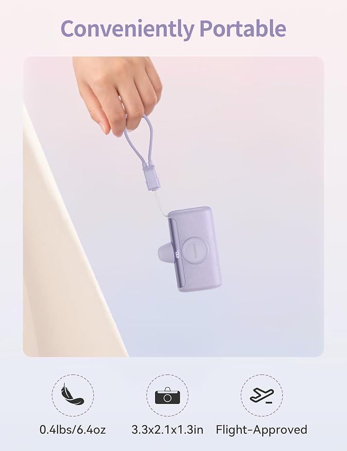 RORRY Mini Portable Charger USB C, 10000mAh PD 22.5W Fast Charging Small Power Bank, Travel Essential Battery Pack for iPhone 17/16/15 Series and Apple Watch Ultra/11/10/9/SE, iPad, Purple