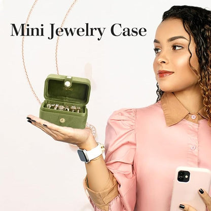 TAIMY Travel Jewelry Case, Portable Pocket Size Small Plush Velvet Ring Box for Women, Mini Ring Holder and Organizer with 7 slots for purse(Avocado Green)