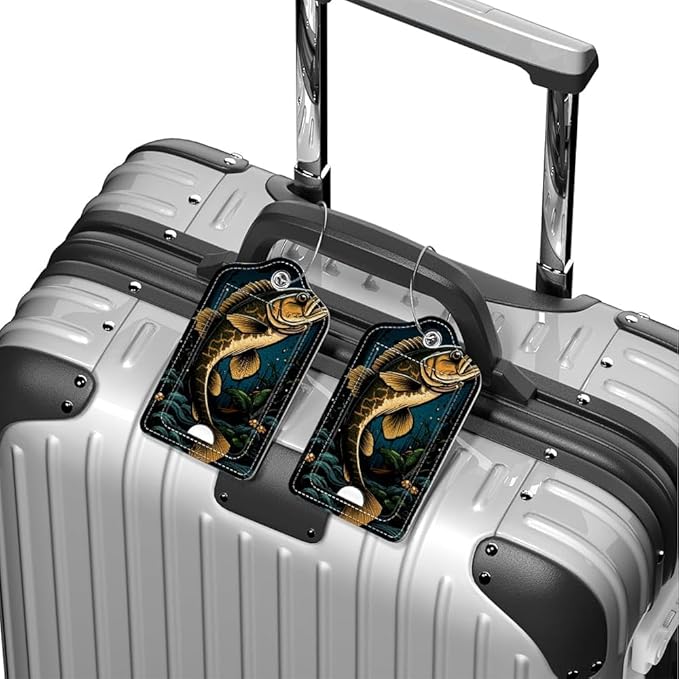 Funny PU Leather Luggage Tags 2-Pack Dark Largemouth Fish Cute Pattern Suitable for Suitcase Stainless Steel Loop and Address Card Essential for Cruise and Airport Travel for Men and Women