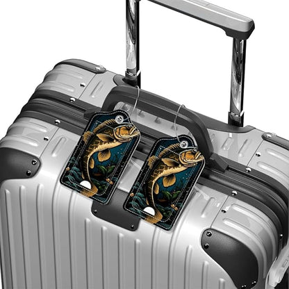Funny PU Leather Luggage Tags 2-Pack Dark Largemouth Fish Cute Pattern Suitable for Suitcase Stainless Steel Loop and Address Card Essential for Cruise and Airport Travel for Men and Women