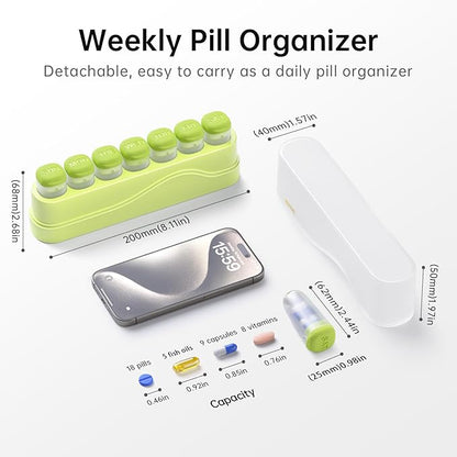 Weekly Pill Organizer 1 Time a Day, KOVIUU Removable Pill Box 7 Day, Portable Travel Pill Case, Once Daily Medication Container Holder, Week Pillbox Dispenser for Vitamin Medicine Supplement, Green