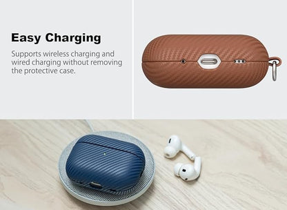 Leather Case - for AirPods Pro 3 Case Cover with Keychain - Selected Skin-friendly Leather, Carbon Fibre Texture, Handmade Shockproof Hard Cover for AirPods Pro 3rd Generation Earbuds - Brown