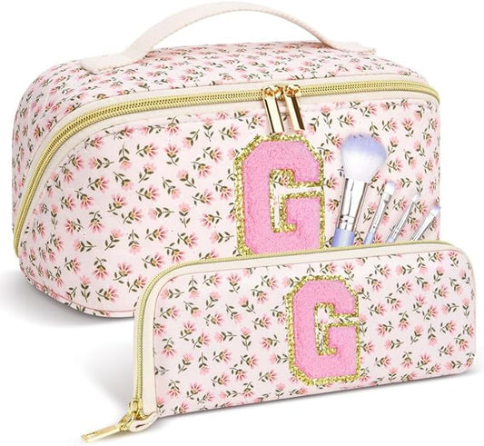 Personalized Travel Makeup Bag Set,Initial Travel Cute Floral Makeup Organizer Bag,Toiletry Skincare Cosmetic Bag,Christmas Gifts for Women/Girls,Open Flat Toiletry Pouch with Brush Pocket-G