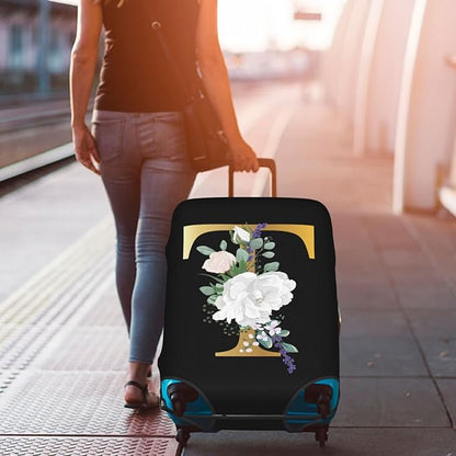 Flower Lette T Black Luggage Cover Elastic Washable Stretch Suitcase Protector Anti-Scratch Travel Suitcase Cover for Kid and Adult S (18-21 inch suitcase)